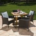 thumbnail image 2 of GDF Studio Hahn Outdoor Acacia Wood and Wicker 5 Piece Dining Set with Cushions, Teak, Multibrown, and Beige, 2 of 13