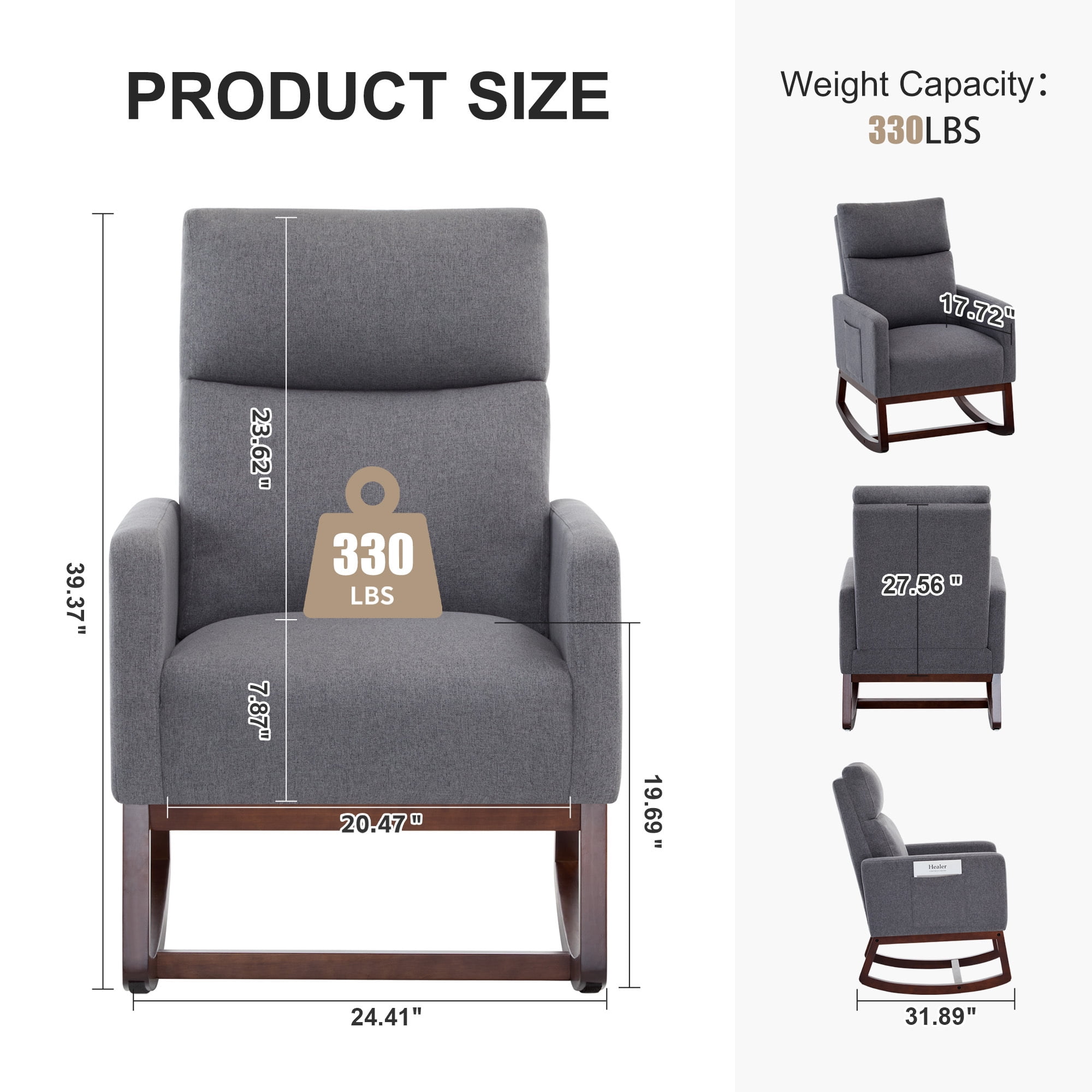 SAETSFEG Rocking Chair Nursery,Linen Upholstered Glider Rocker with Side Pocket and Wood Legs, Modern Accent Chair for Small Space, Living Room, Bedroom, Grey