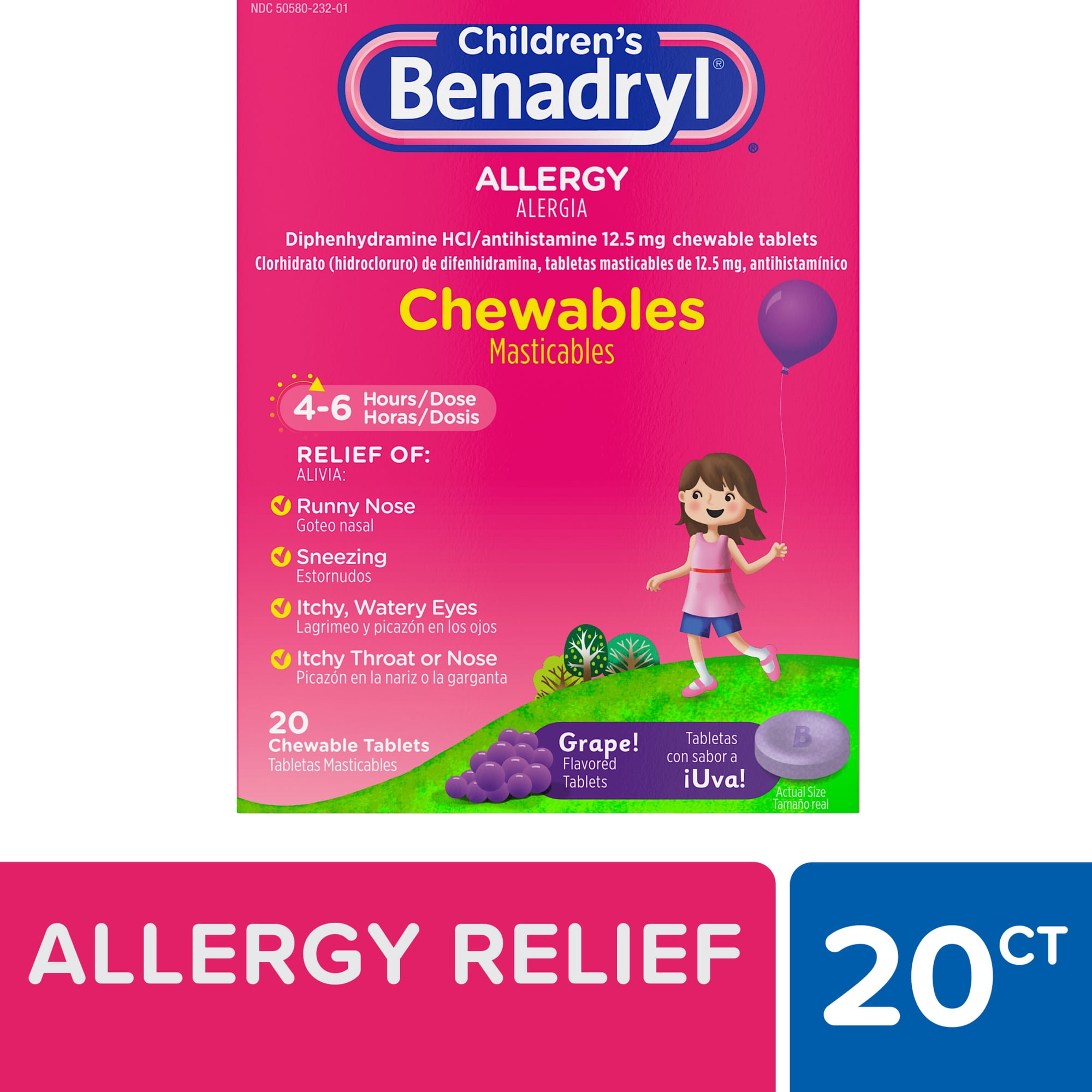 Children's Benadryl Allergy Relief Chewable Tablets, Grape, 20 Count