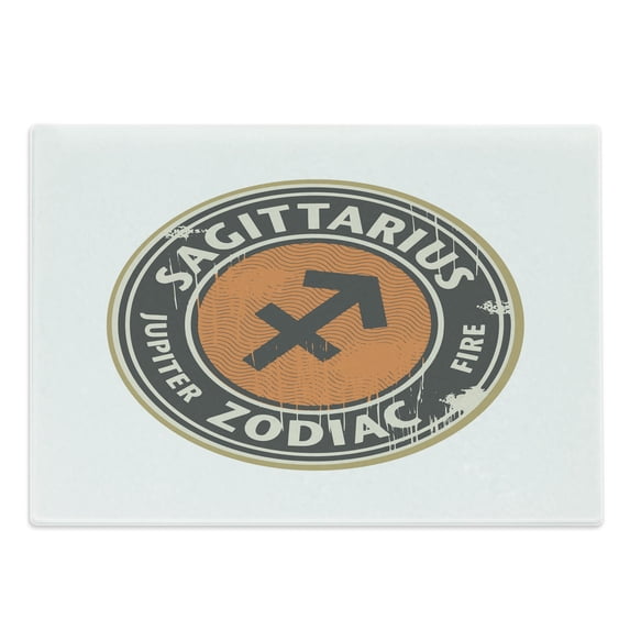 Zodiac Sagittarius Cutting Board, Zodiac Themed Logo Design Jupiter Grunge Image, Decorative Tempered Glass Cutting and Serving Board, Large Size, Dark Taupe Orange Beige, by Ambesonne