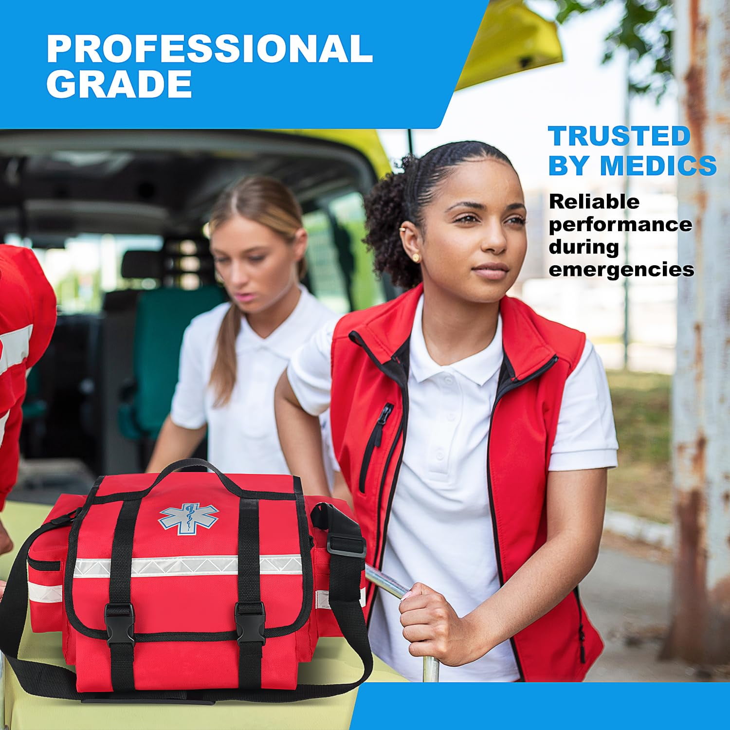 Primacare KB-RO75-RD EMT Trauma Bag – Fully Stocked First Aid Kit, Red with Reflective Strips, 17" x 9" x 7"