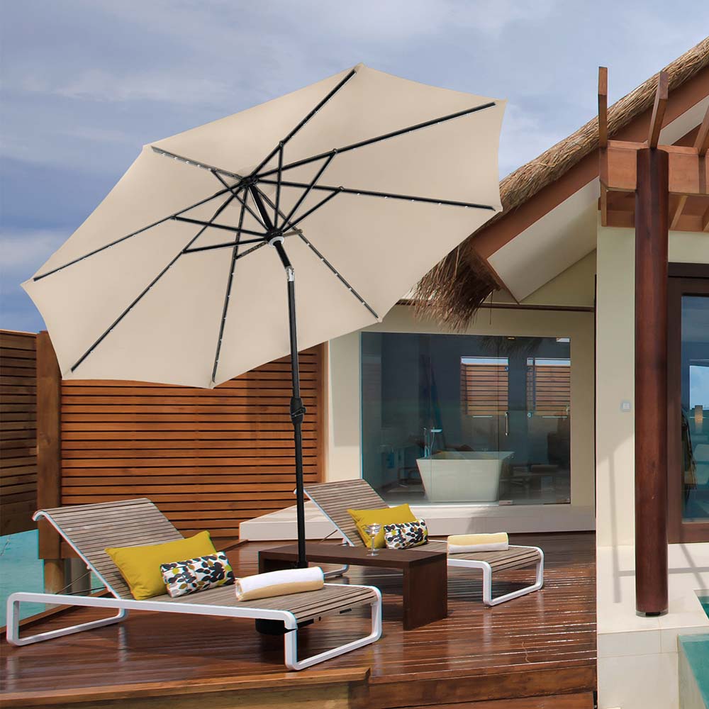 Coffee Klismos 10 Ft Patio Umbrella With Solar Led Lights Outdoor Table Market Umbrella With Tilt Crank 8 Sturdy Ribs 41 Solar Lights Umbrellas