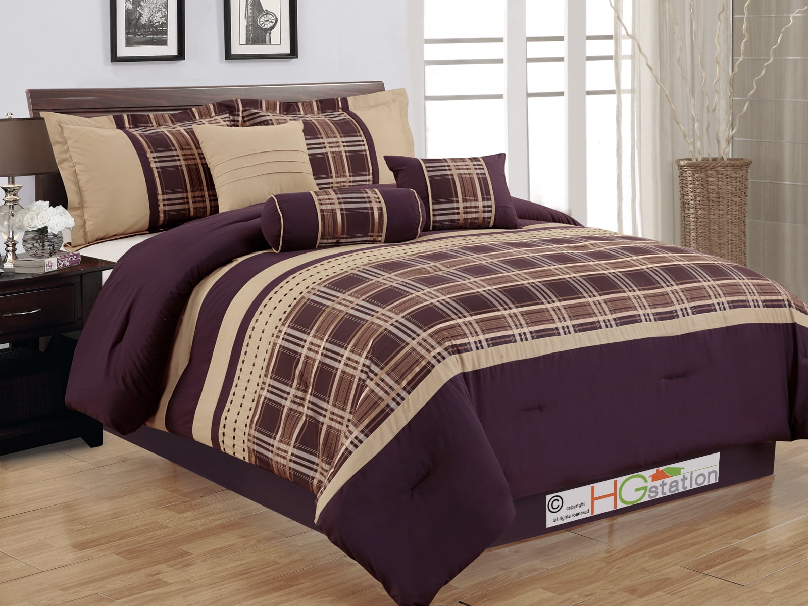 7 Pc Plaid Striped Embroidery Satin Comforter Set Coffee Purple