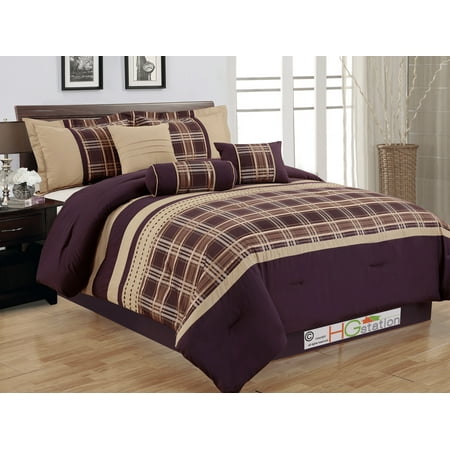 7 Pc Plaid Striped Embroidery Satin Comforter Set Coffee Purple