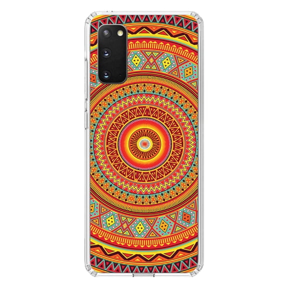 DistinctInk Clear Shockproof Hybrid Case for Galaxy S20 ULTRA / 5G (6.9" Screen) - TPU Bumper, Acrylic Back, Tempered Glass Screen Protector - Orange Teal Yellow Tribal Print