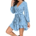 thumbnail image 5 of Aiyino Women's Dress Deep V-Neck Long Sleeve Waist Tie Ruffle Mini Swing Skater Dresses,Floral Blue, 5 of 7