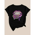 thumbnail image 3 of Purple Leopard Print Letter Graphic Casual Fashion Top for Black Women, Round Neck Short Sleeve T-Shirt., Leisure Sports Top, 3 of 5