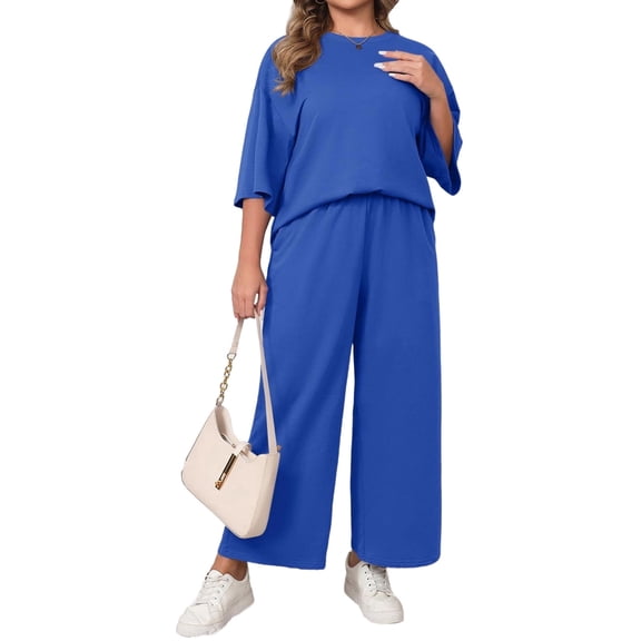 Solid Color 2 Pieces Plus Size Sets Women Three Quarter Sleeve Tops and Wide Leg Pants