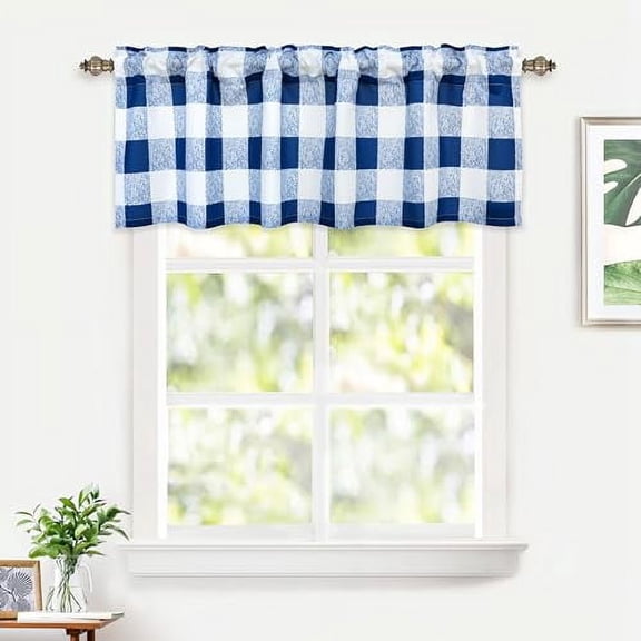 DriftAway Semi Sheer Buffalo Plaid Check Window Valance Curtains 2 Packs Checkered Rod Pocket Valance for Window, Kitchen, Living Room, Bedroom, Farmhouse 52" x16" Navy
