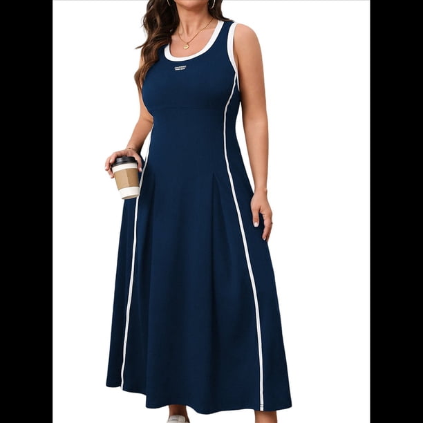 Vestido Midi de Verano Sin Mangas con Vuelo y Grandes para Mujer Azul Oscuro 4XL