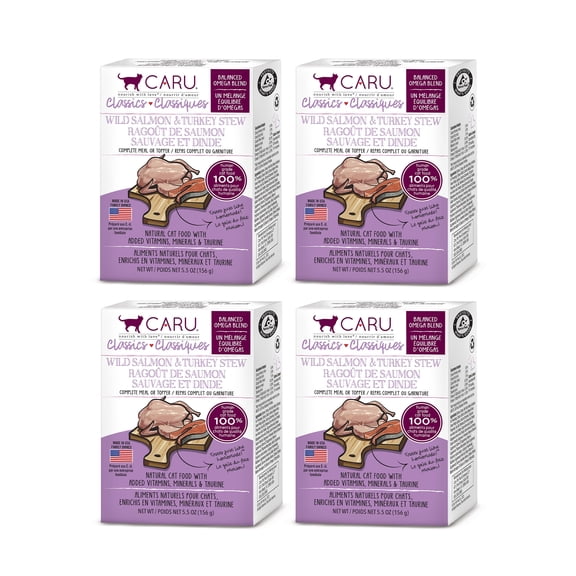 Caru - Classics Wild Salmon & Turkey Stew for Cats - Healthy Functional Wet Cat Food - Food Topper - Balanced Omega Blend - 5.5 oz Cartons - 4 Pack