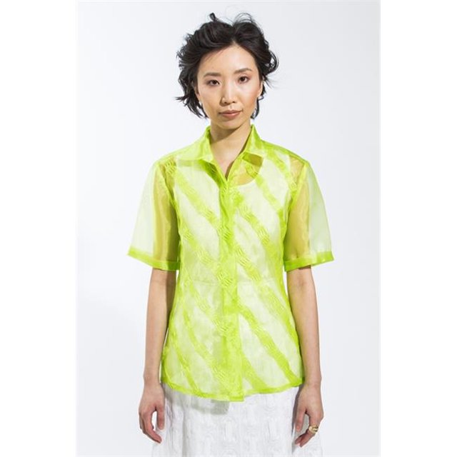 100% Polyester Lime Puckered Pleated Short Sleeve Shirt, Size 8