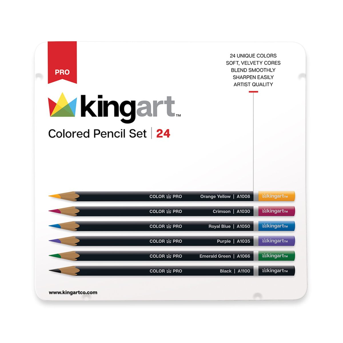 KINGART™ Colored Pencils, Soft Core, Tin Case, Set of 24 Unique Colors
