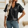 thumbnail image 4 of WREESH Women's Shiny Button Down Shirt Short Sleeve Lapel Collar Business Casual Beach Top, 4 of 7