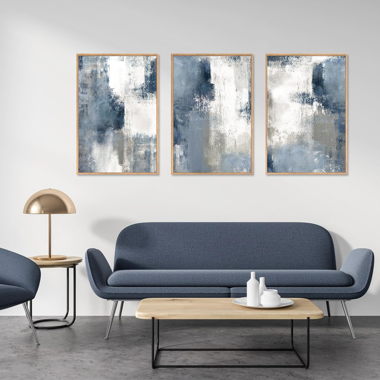 Large Navy Blue and Gray Framed Canvas Wall Art Set,Modern Abstract Wall Decor,Brush Strokes Block Shape Artwork,Minimalist Neutral Blue Printing for Living Room,Bedroom, Office-16''x24''x3