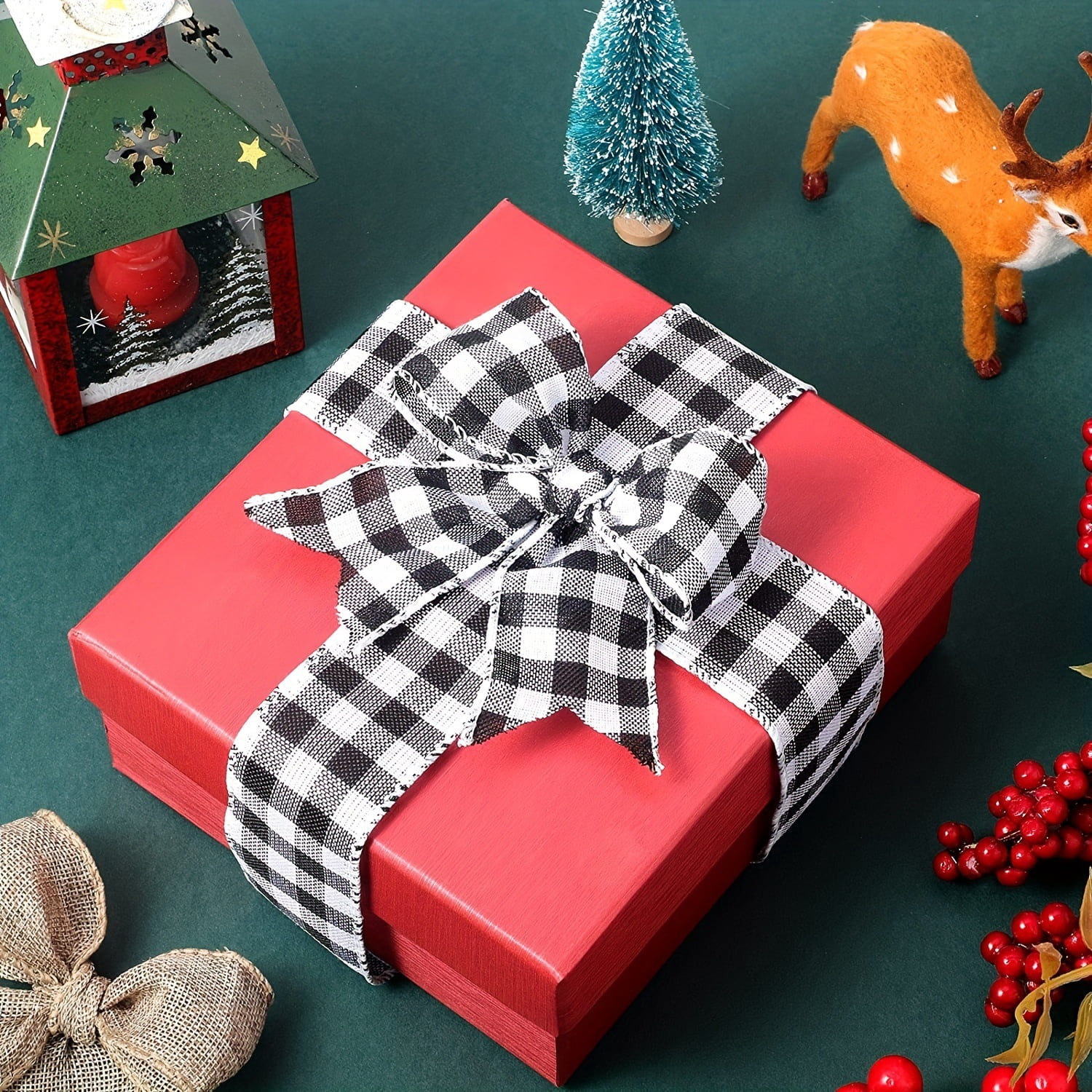 Dalrosia 6PCS Christmas Wired Edge Ribbons Burlap Fabric Ribbon Roll Black Red White Buffalo Plaid Ribbon Wide Craft Ribbon Xmas Tree Crafts Decoration DIY Gift Wrap,2 Inch X 5 Yards Each Roll