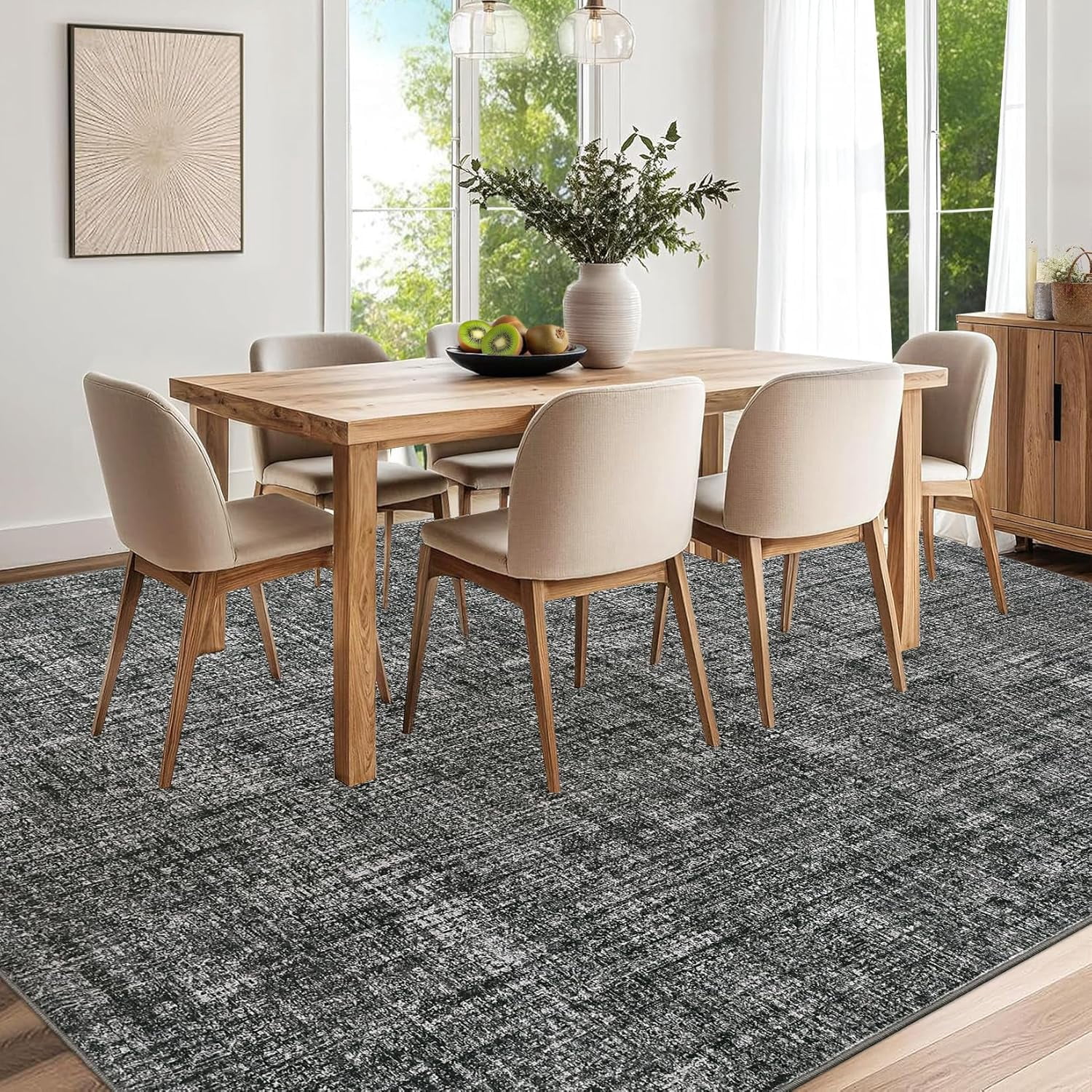 Memoryfield 10' x 13' Washable Area Rug, Stain-Resistant Low Pile Non Slip Carpet, Floor Mat for Living Room Bedroom Home Office, Dark Gray