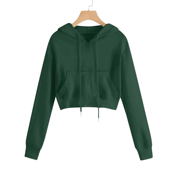 DHFJKG Womens Crop Hoodies Pullover Solid Color Long Sleeve Pocket Drawstring Cropped Hooded Sweatshirt Lightweight Soft Tops