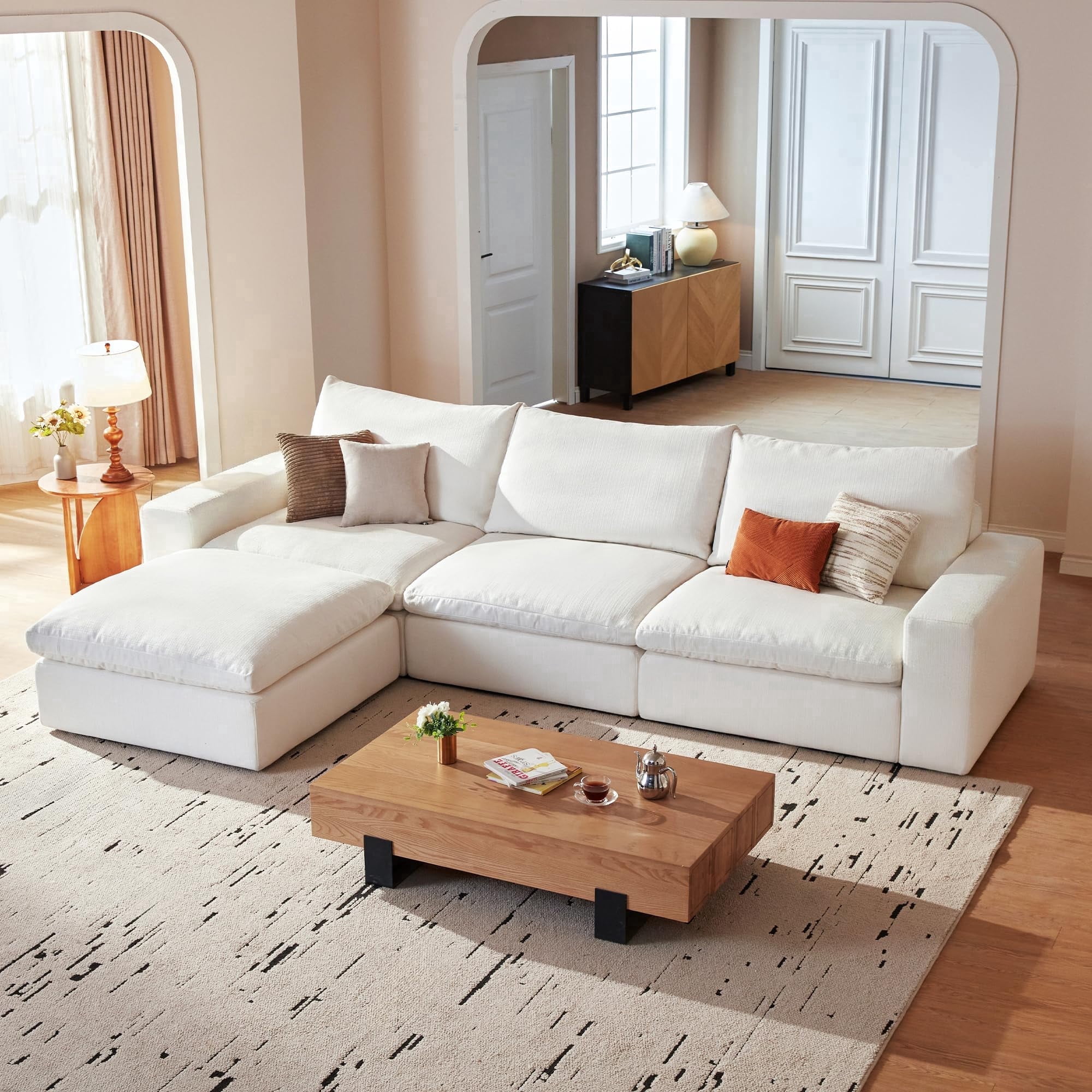 Vorthio 113.8" Oversized Deep Seat Modular Sectiona Sofa, L-Shaped White Sofa with Memory Foam and Storage Ottoman for Living Room,3-Seat, White