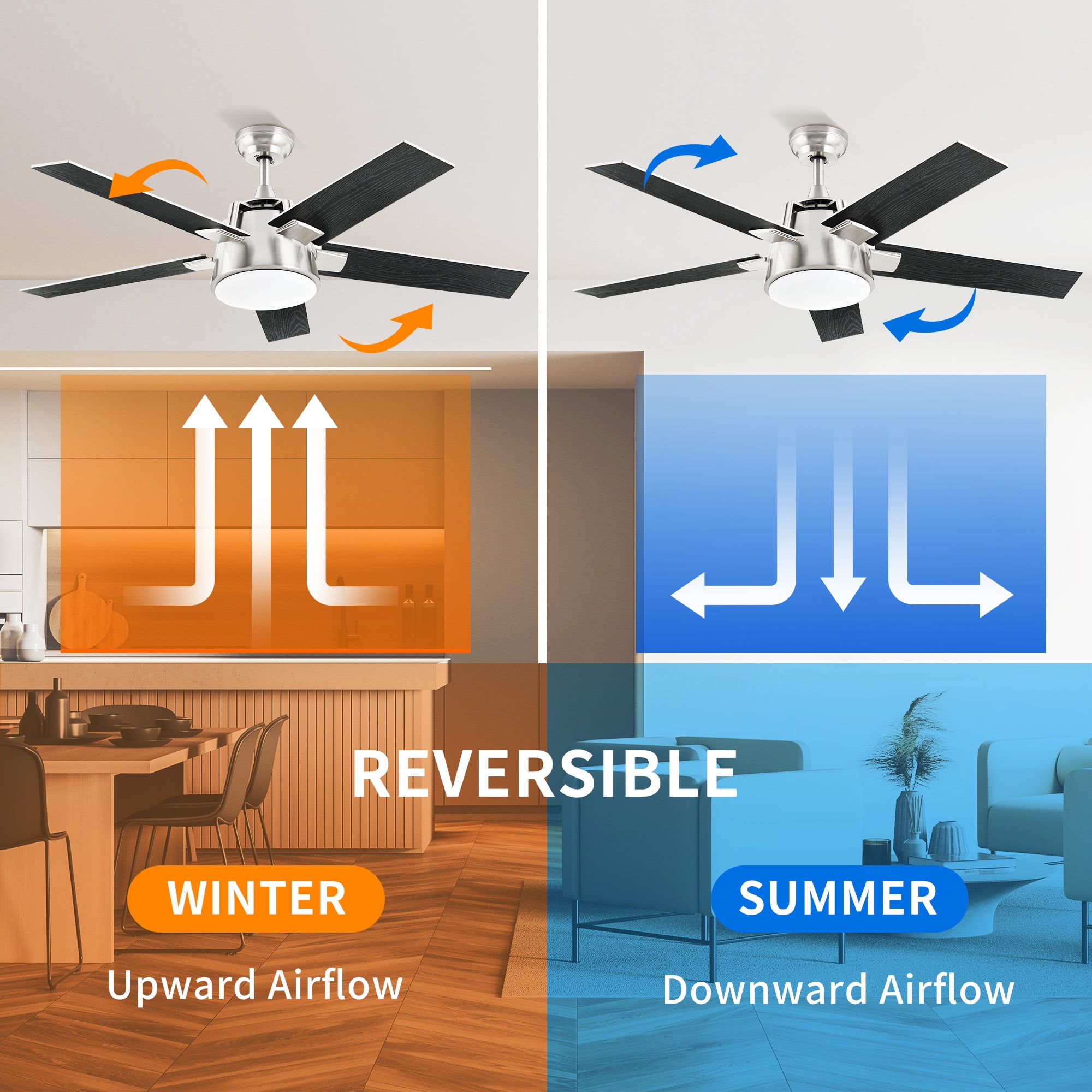 DWVO 52in Modern Ceiling Fan with Light, Quiet Reversible Motor, Dimmable LED 3-Color, 6-Speed 5 Blades Memory Function for Bedroom Living Room Patio Indoor Outdoor,black