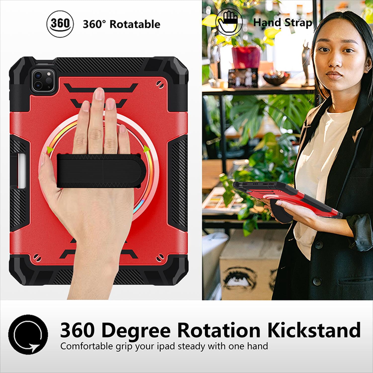 Shockproof Case for Apple iPad Pro 11 Inch 2024 M4, with Pencil Holder Military Grade Protection Rotating Stand Hand Strap Shoulder Strap Bumper Rugged Case for iPad Pro 11" 2024, Red