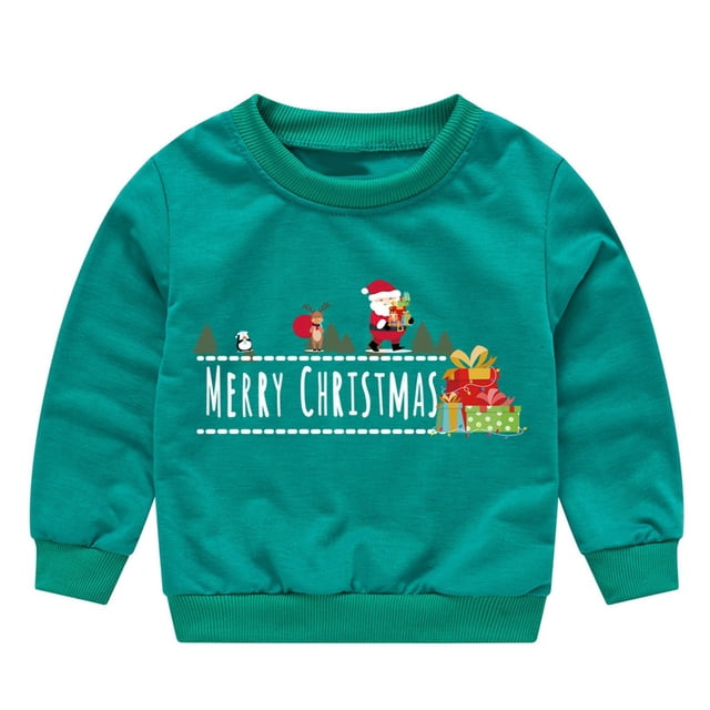 PMVFHDE Sweat-Shirt de Noël pour Filles Mode Décontractée Imprimé Lettre Col Rond Manches Longues Chandail en Molleton Doux Confortable pour Enfants Usage Quotidien Vert, 1-2 Ans