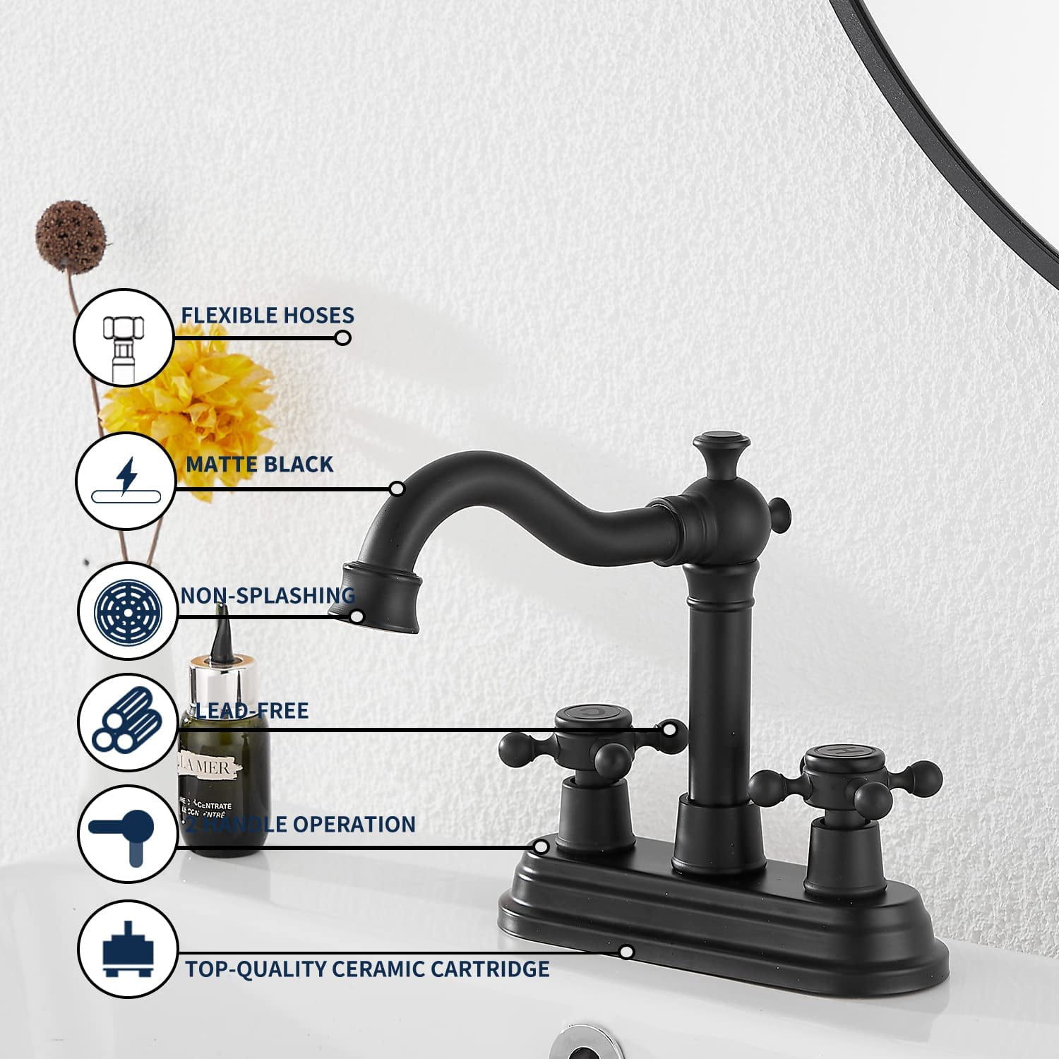 GGStudy Bathroom Faucet Matte Black 2 Handles 4 Inches Centerset RV Black Bathroom Vanity Faucet with Drain Assembly and Supply Hose Lavatory Faucet Mixer Double Handle Tap