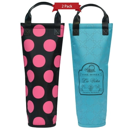Royal Blue Wine Bottle Bag - Vina 2 Pack Insulated Single Bottle Nylon Wine Tote Carrier Travel Cooler Bag Purse Leather Handles Steel Opening Reusable Lightweight Attractive Design, Hot Purple + Blue