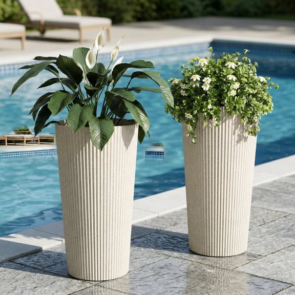 TOPCOMFY Planter 2PCS Tall Indoor and Outdoor Planter Pot Large Flower Cone Striped Plastic Flower Pot for Home Garden Patio, Beige