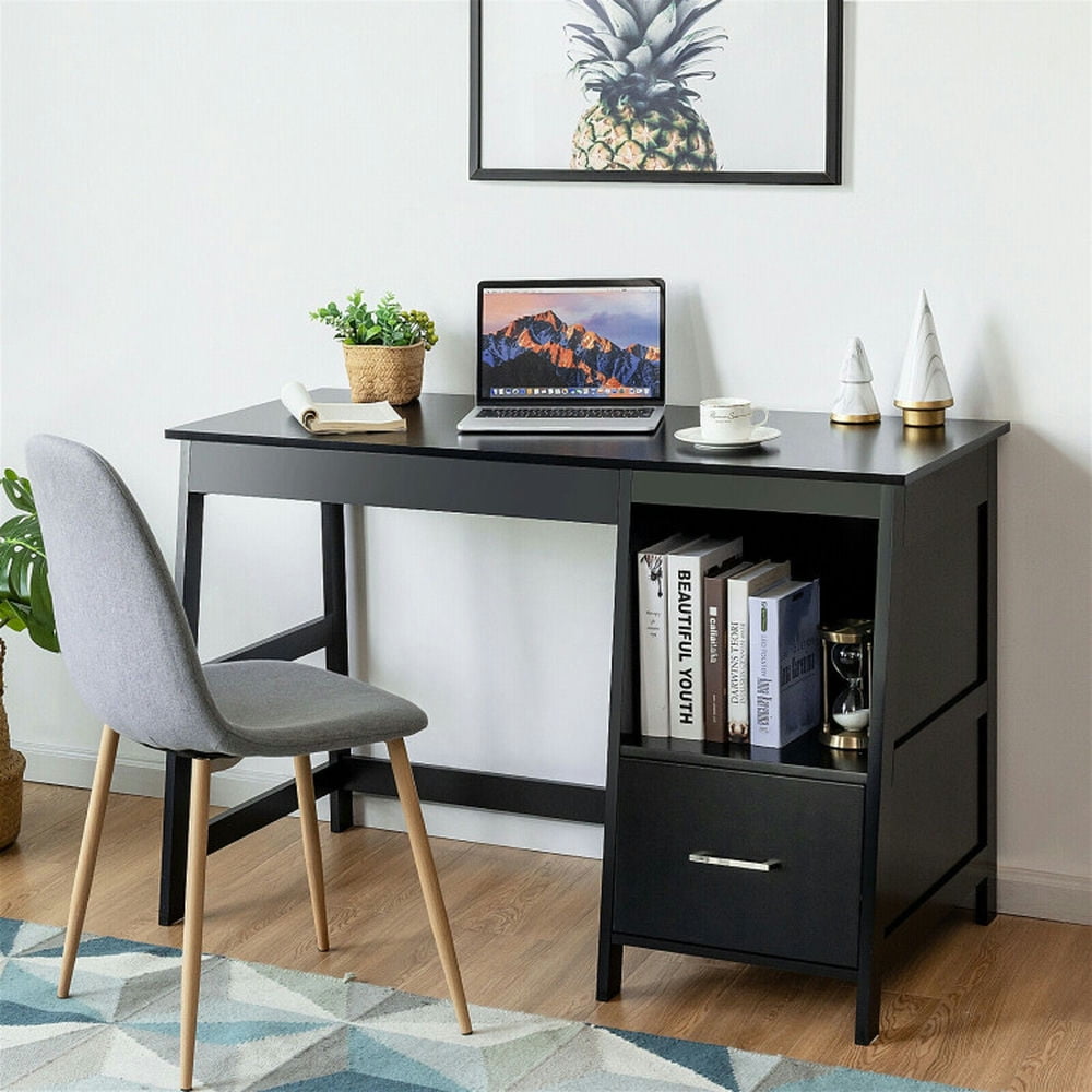 Demi Bonn 47.5" Modern Home Computer Desk with 2 Storage Drawers, Office Desk Study Writing Table, Black