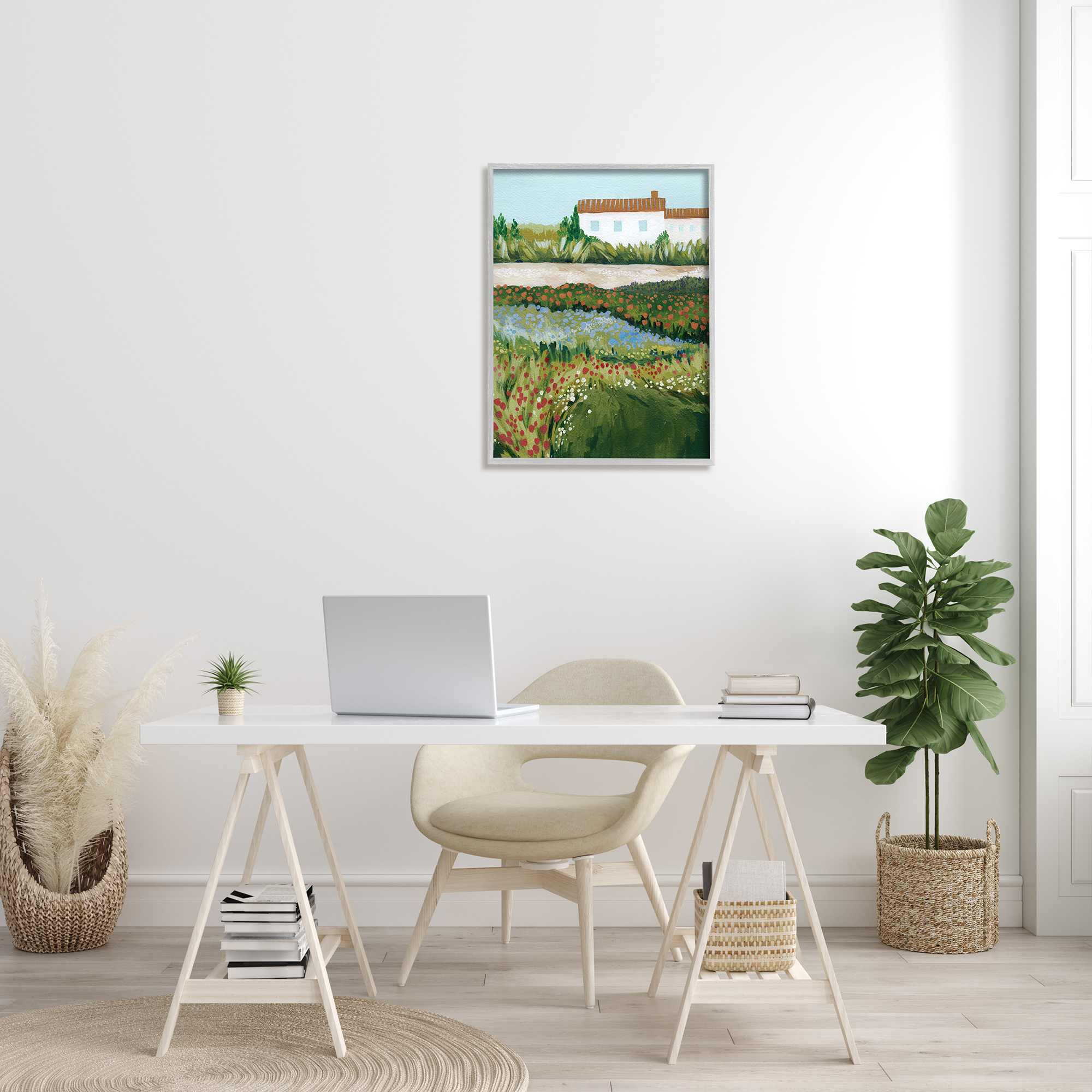 Stupell Country Cottage Meadow Road Landscape Painting Gray Framed Art Print Wall Art