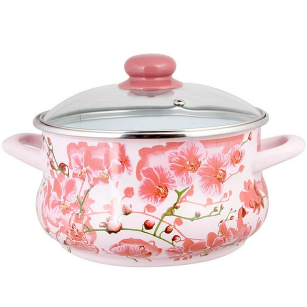 Sturdy Enamel Stock Pot Pink Cooking Pot with Glass Lid Dishwashersafe
