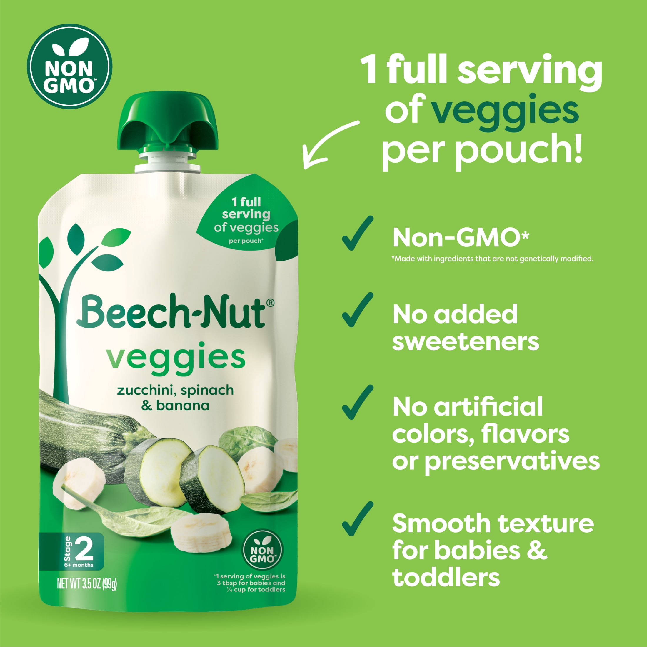 Beech-Nut Veggies Stage 2 Baby Food, Zucchini Spinach & Banana, 3.5 oz Pouch (12 Pack)