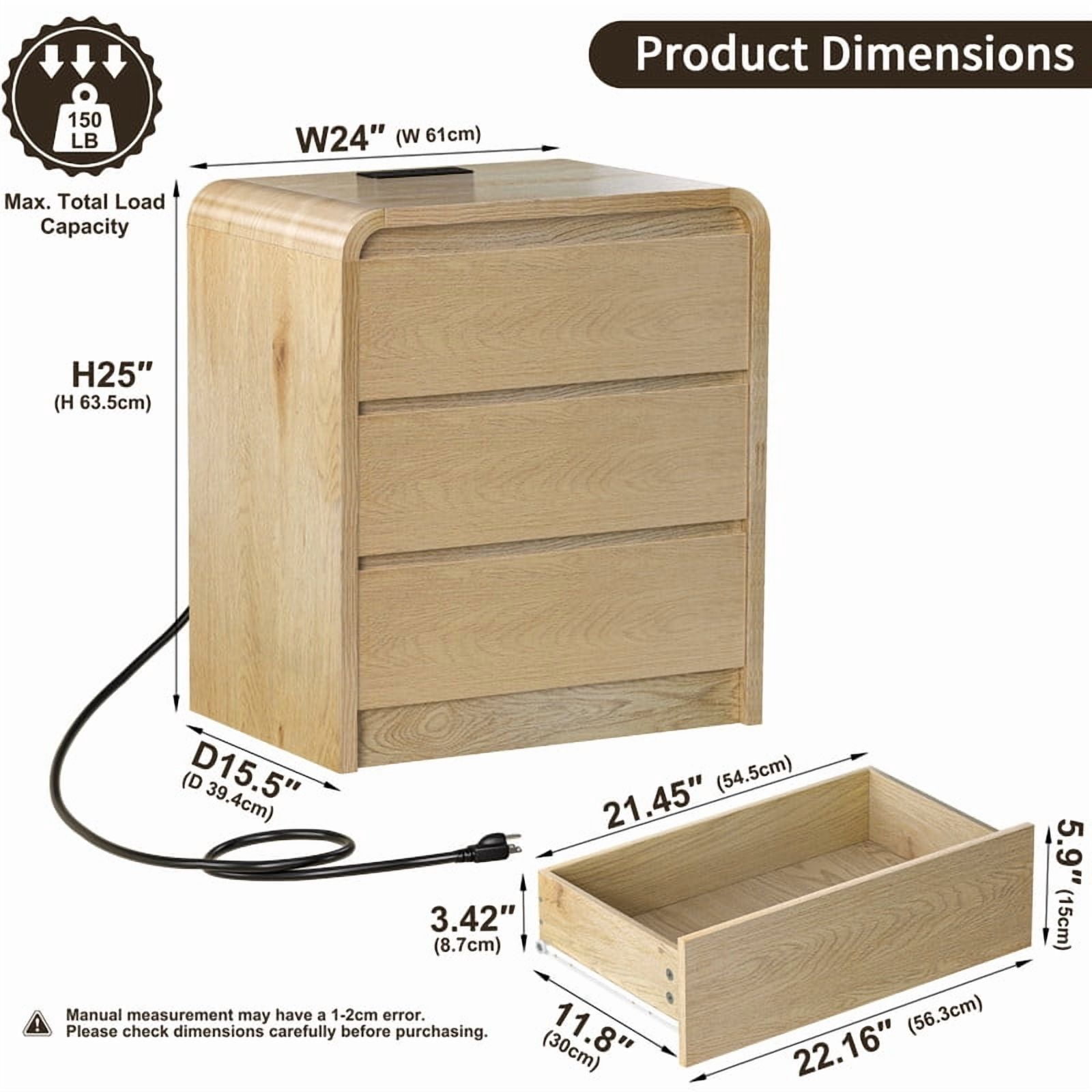 1-Piece Wooden Nightstand with Charging Station, Curved Edge Bedside Storage Table with 3 Handleless Drawers