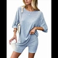 thumbnail image 2 of Pijama de 2 Piezas para Mujer, de Punto Acanalado, con Camiseta y Pantalones Cortos A Juego, para Dormir, Azul , Talla M, 2 of 7