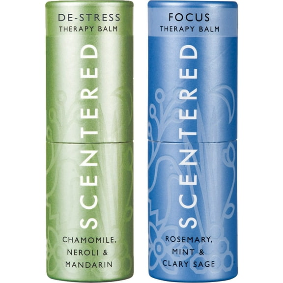 Scentered DE-STRESS & FOCUS Aromatherapy Essential Oils Balm Gift Set - For Relaxation & Alertness - All-Natural Blends of Rosemary, Cedarwood, Sage, Peppermint