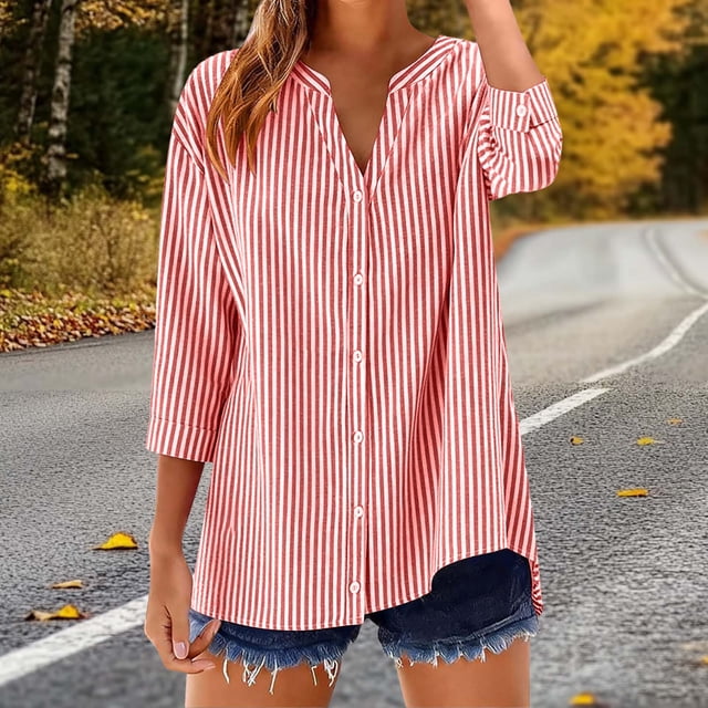 TaTaai Women's V Neck Flannel Top, 3/4 Sleeve Button Up Blouse, Loose Fit Plaid Casual Shirt for All Seasons Gift