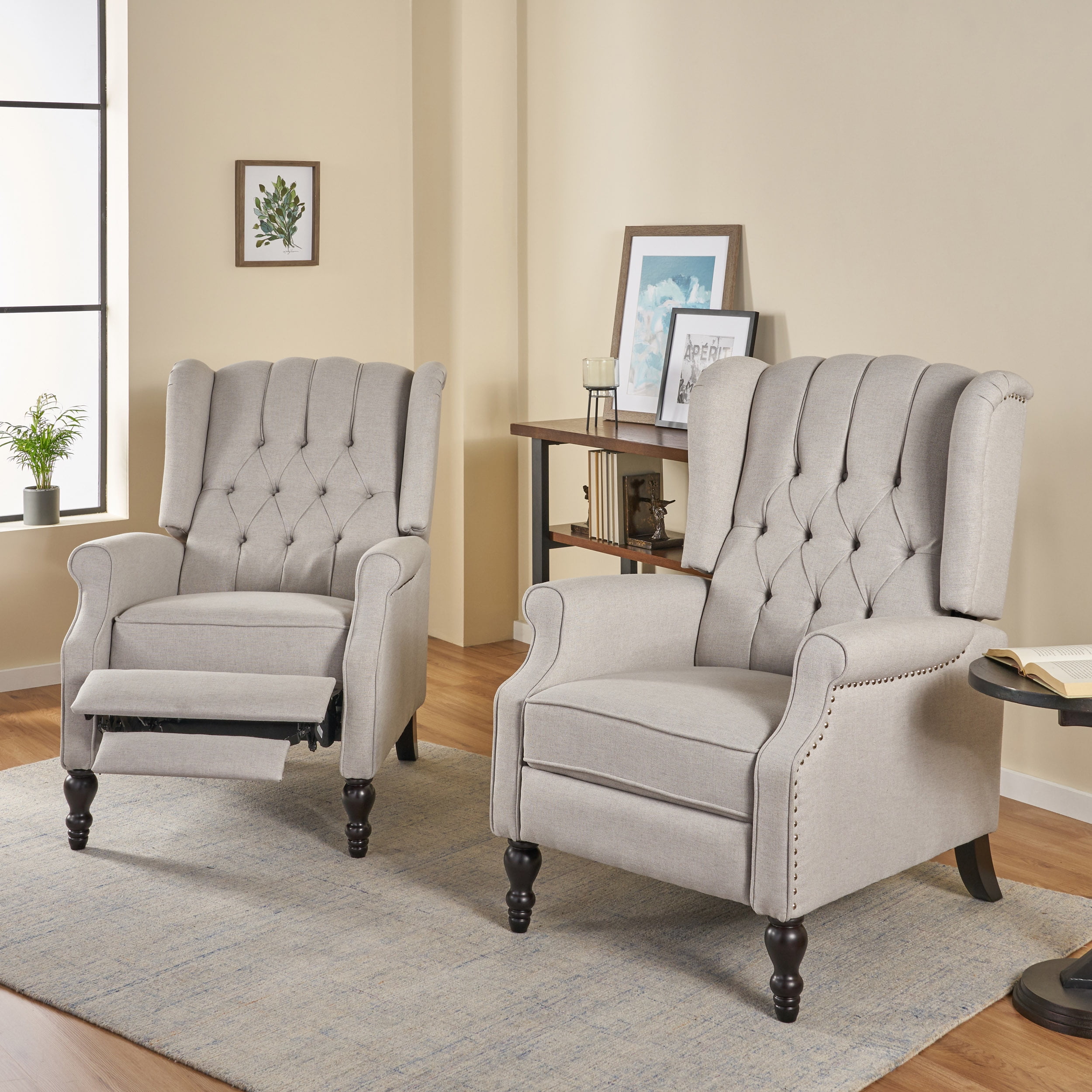 Noble House Light Gray Bishop Fabric Pushback Recliner Set of 2