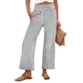 thumbnail image 2 of Women's Vertical Striped Palazzo Pants Smocked High Waist Wide Leg Trousers Casual Loose Cropped Slacks with Pockets 3/4 Length, 2 of 4