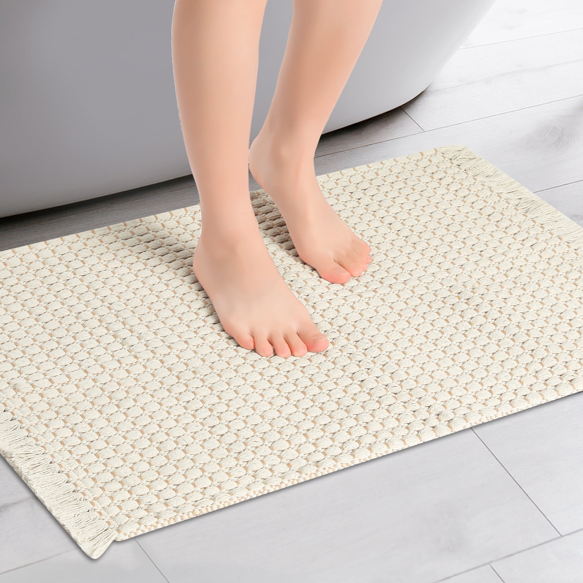 Unique Bargains Boho Bathroom Rug Woven Texture Rug for Bedroom Throw Rug with Fringe Beige 16" x 24"