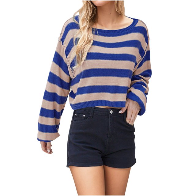 Timegard Fall Sweaters for Women 2024 Round Neck Cropped Pullover Casual Striped Loose Tops Fashion