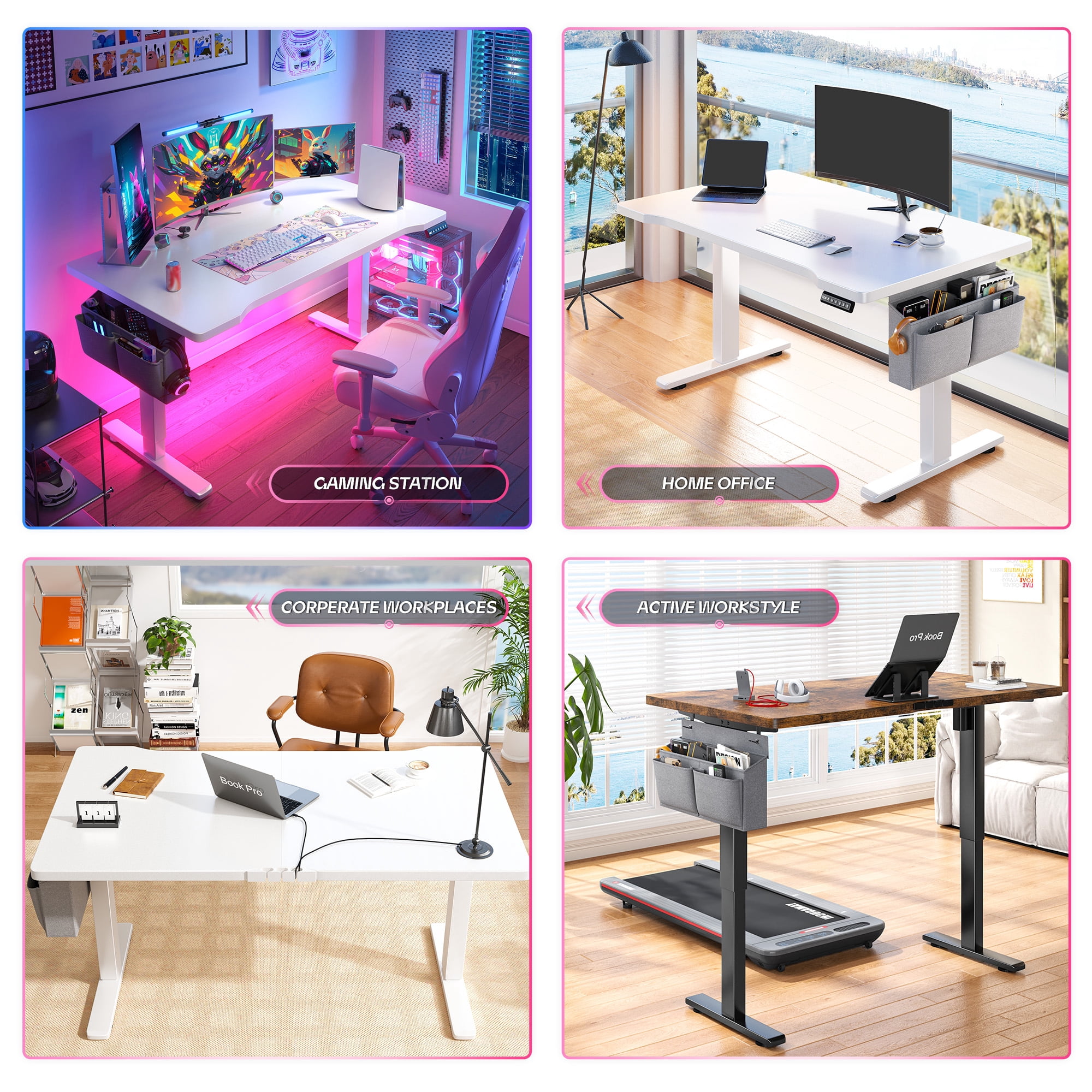 EnHomee Standing Desk Electric Adjustable Height Desks with LED, 48 x 24 Inch Computer Desk with 3 Memory Preset,Sit Stand Up Desks with Side Pocket and Cable Management,White