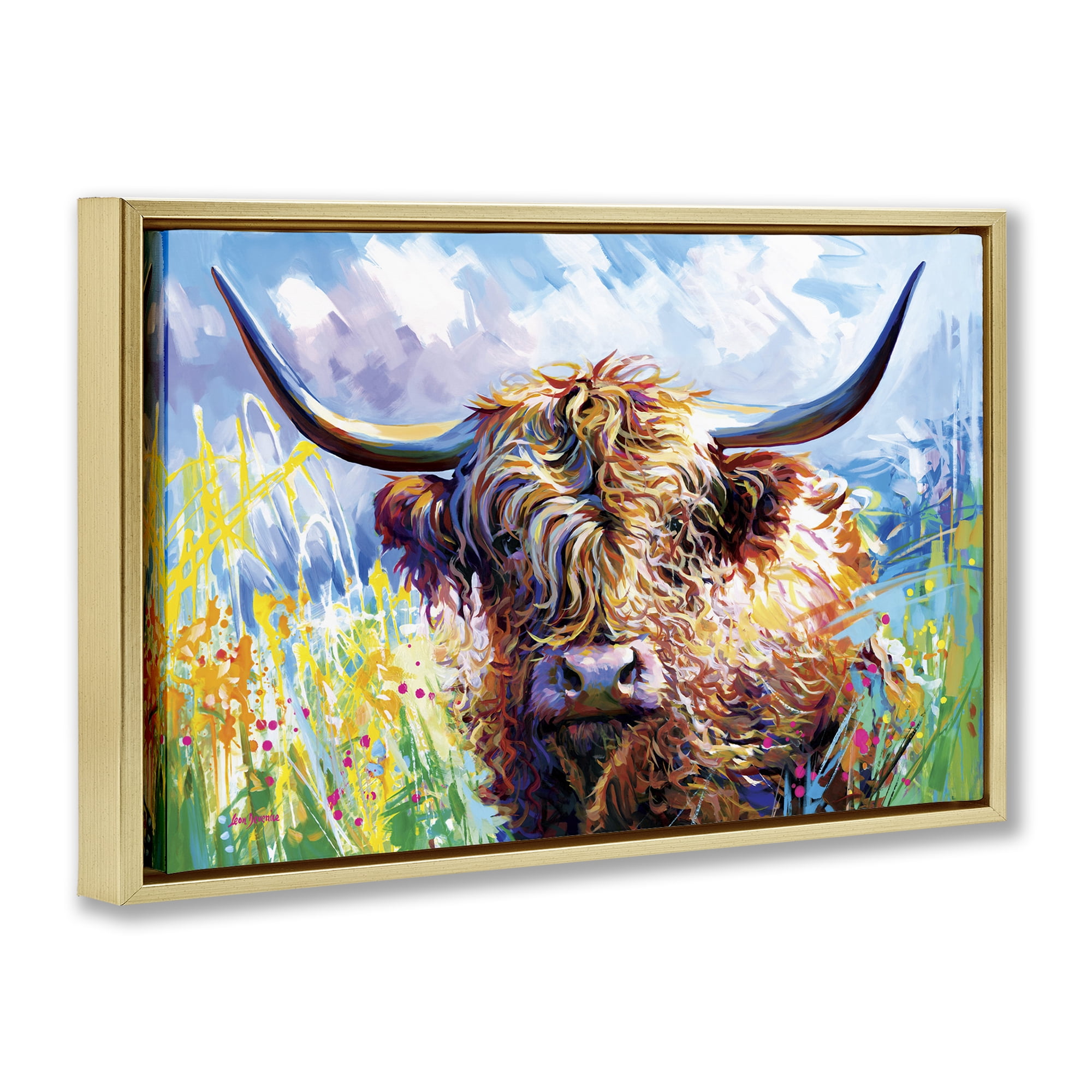 Stupell Industries Long Haired Highland Cattle Animals & Insects Painting Gold Floater Framed Canvas Art Print Wall Art, 31 x 21
