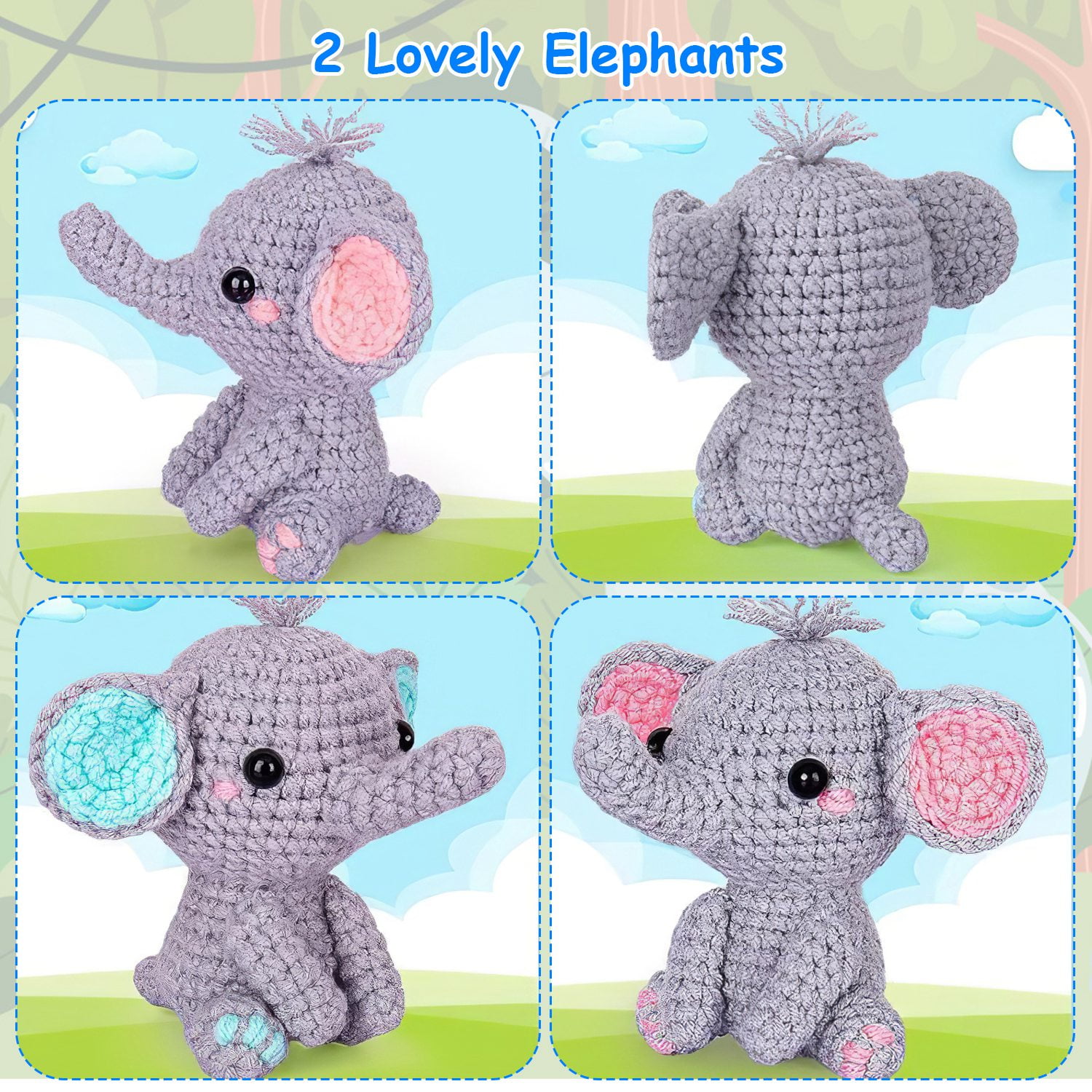 Imountek Elephant Crochet Set for Beginners, DIY Crochet Starter Kit with Video Tutorial for Kids Adults, 2 Elephant Patterns
