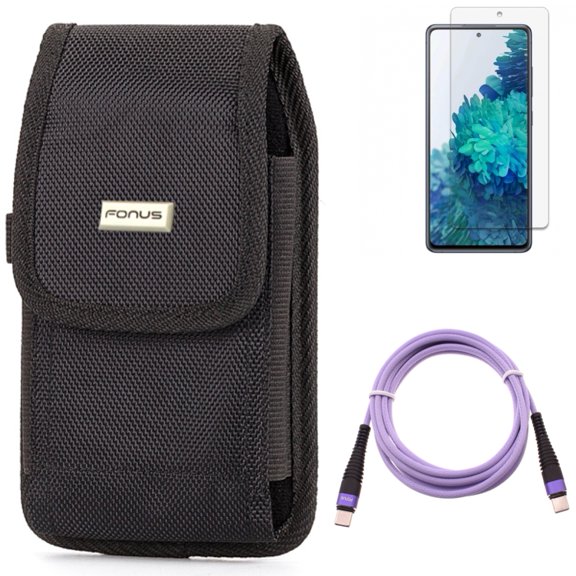 Screen Protector & Purple 10ft PD Cable & Case Belt Clip for Samsung Galaxy S20 Fan Edition - Anti-Glare Tempered Glass   Type-C to USB-C Fast Charger Cord   Rugged Holster Combo
