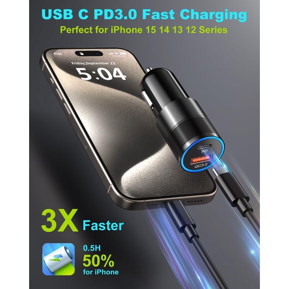 SLKOHDZ-USB C Car Charger 38W, 2-Port Car Phone Charger PD&QC Fast Charging Type C Car Charger 12v Cigarette Lighter Adapter + 4FT Type C Cord for iPhone 17 Air 16 15 Pro, Samsung Galaxy S26 S25 S24
