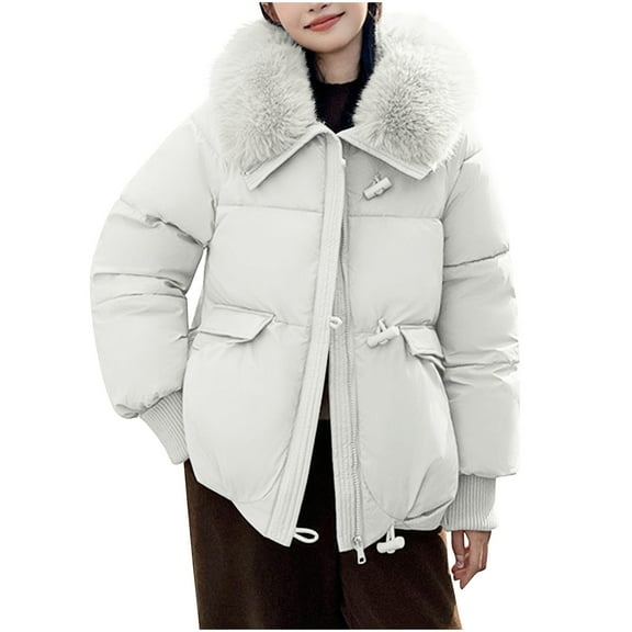 Hvyesh Winter Jackets for Women Faux Fur Trim Hood Puffer Jackets Warm Zipper Button Padded Coats Thermal Long Sleeve Baggy Coat with Pockets