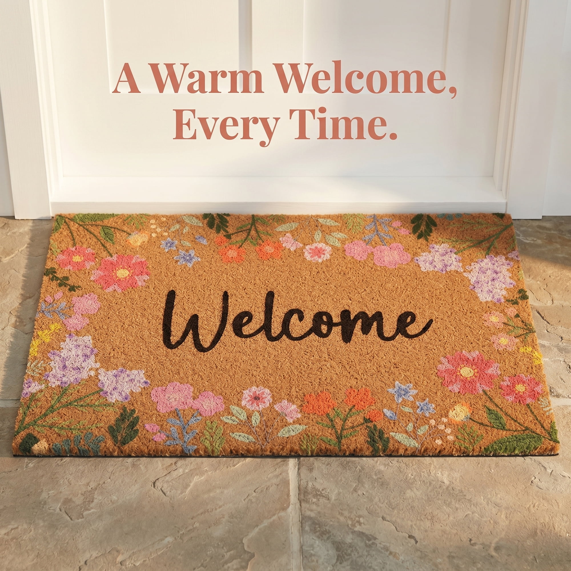 Unique Bargains Natural Coir Non-Slip Backing Waterproof Doormat Brown Flower 32" x 20"