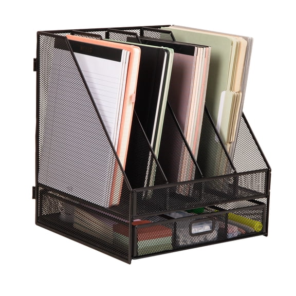 Mind Reader Mesh File Organizer with Drawer, 4 Slot Vertical File Holder with Removable Dividers, Desktop Organizer, Black