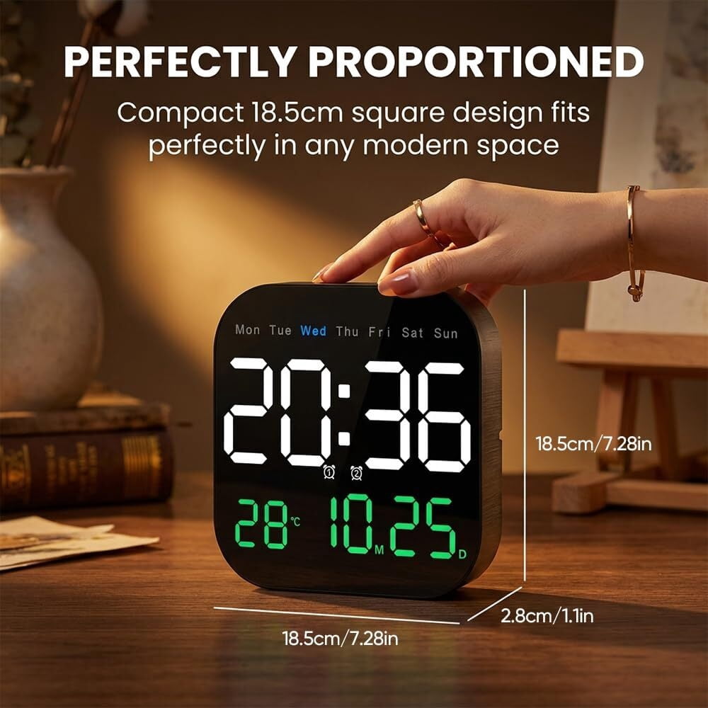 Digital Wall Clock Large Display 2026 | LED Alarm Clock with Remote, Temperature, Calendar Day, Dimmable Brightness, Timer | Battery Operated for Wall or Desk | Modern Home Bedroom Office